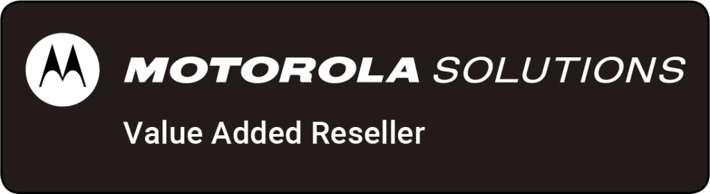 Motorola Solutions partner badge reading 'Value Added Reseller' with the circular M logo on a dark rounded rectangle and white text.