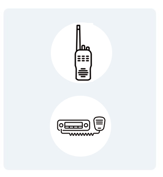 Two radios shown in circles: a handheld radio with antenna above and a compact radio with a mic below on a pale blue background.
